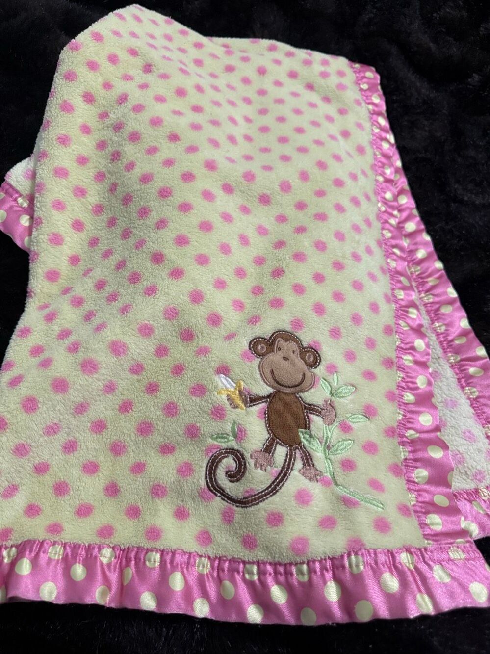 Miniville Layette Soft Pink Baby Blanket Monkey Polkadots Satin Trim